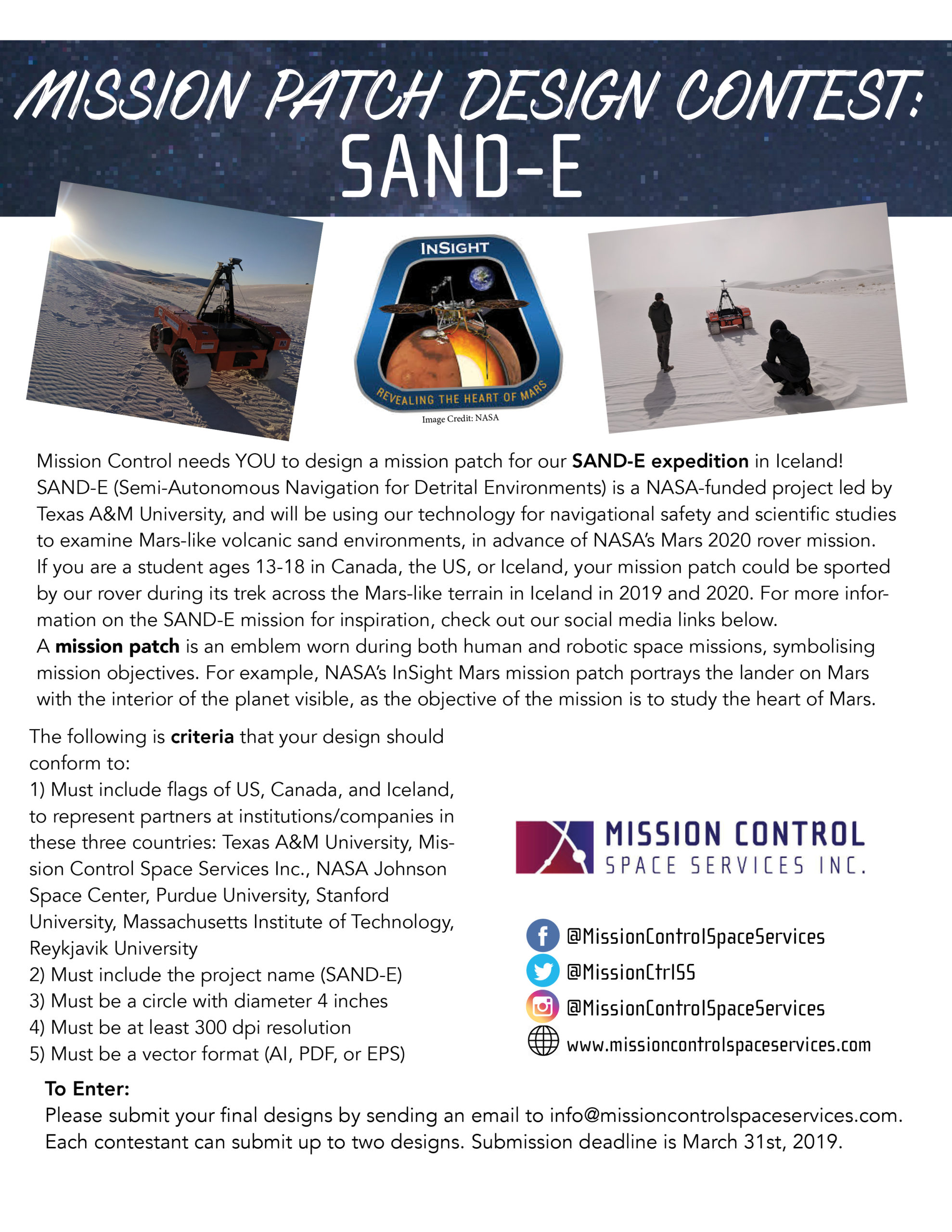 SAND-E Mission Patch Design Contest flyer