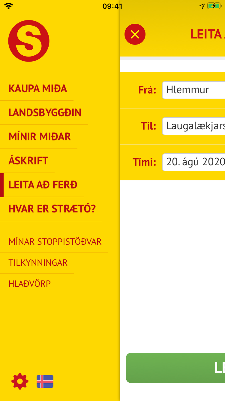 Strætóapp - Valmynd (leita að ferð)